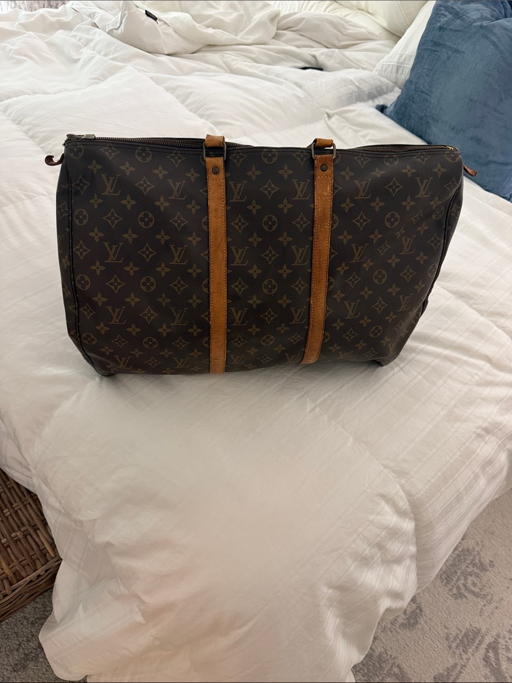Canvas Travel Duffel with Tan Leather Straps